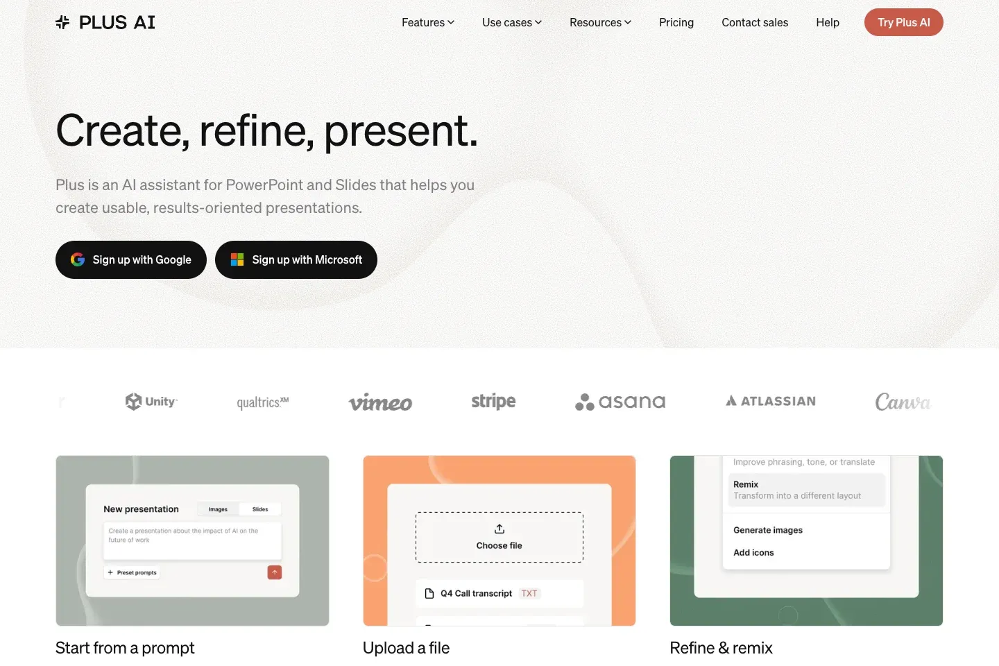 Official Plus AI website describing its presentation tools for PowerPoint and Google Slides
