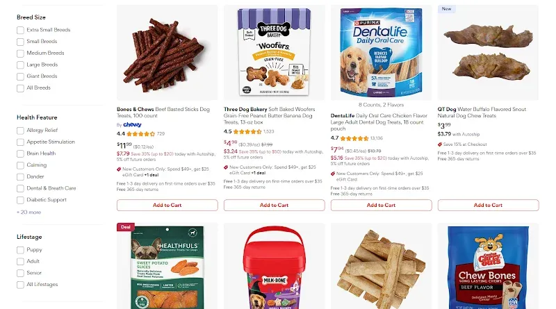 Chewy dog treat filters for breed size, health benefits, life stage, and special diet