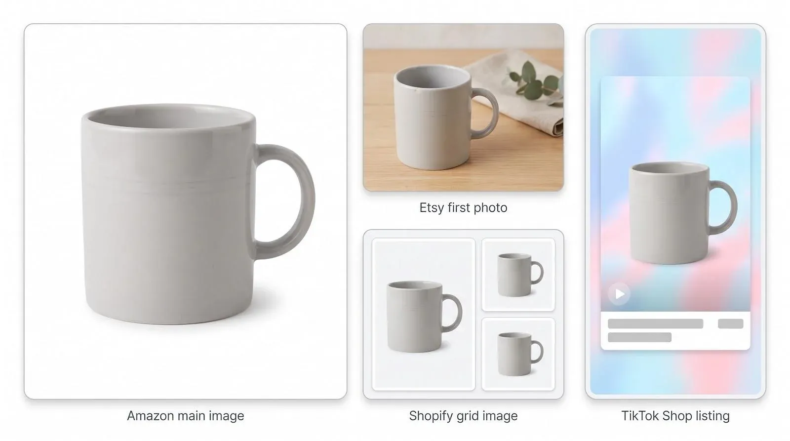 Illustration of product photo variants for Amazon, Etsy, Shopify, and TikTok Shop