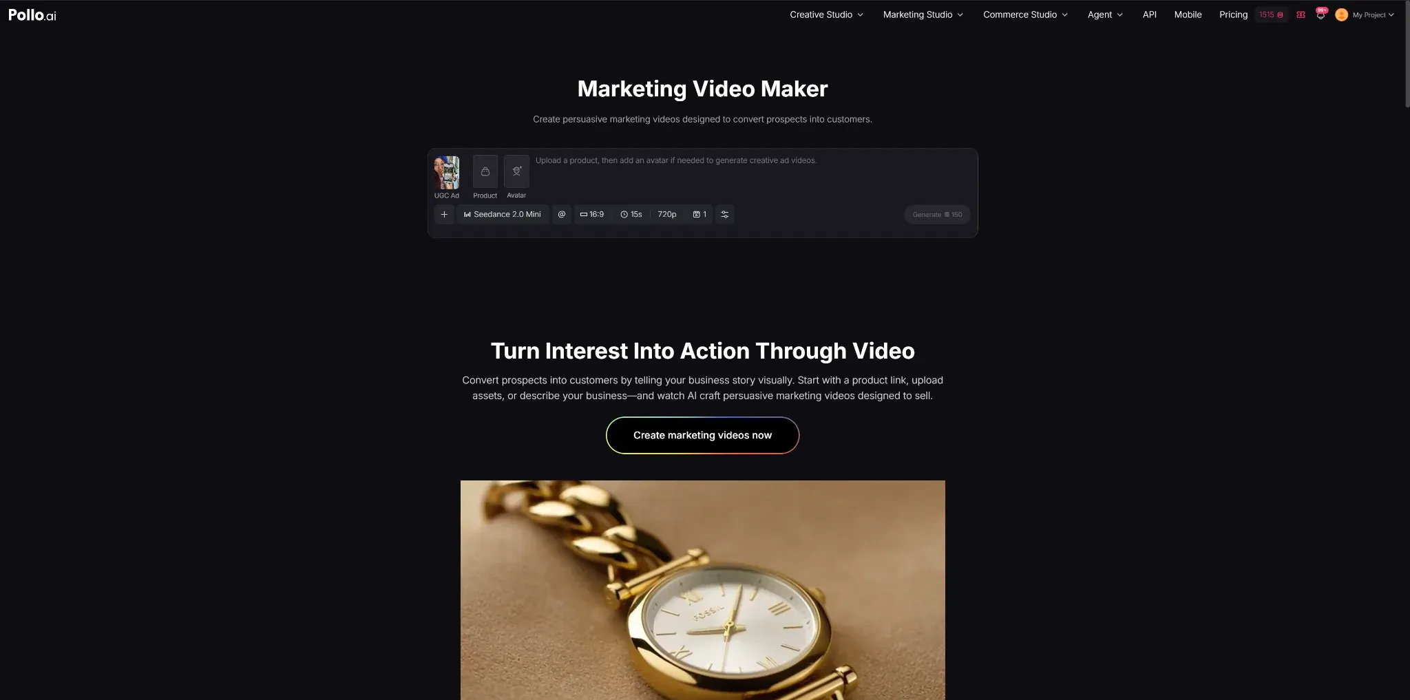 Pollo AI Marketing Video Generator interface showing input options for product URLs, images, and text