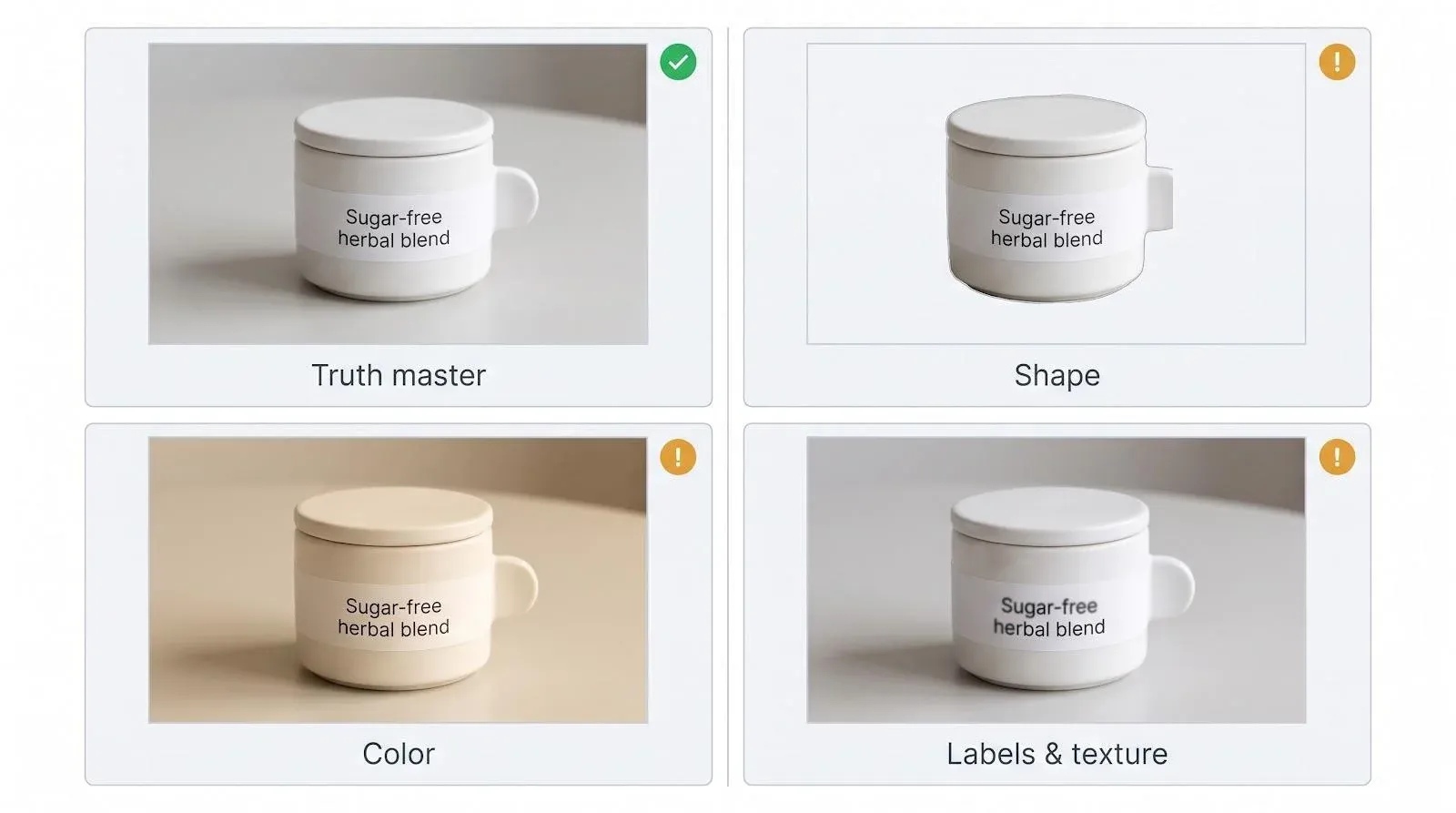 Illustration comparing a product truth master with altered shape, color, labels, and texture